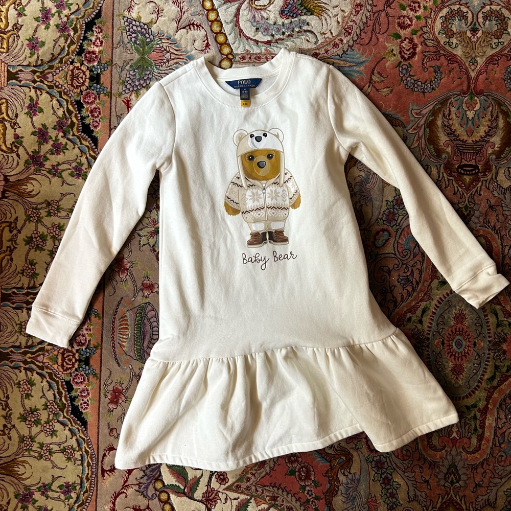 Ralph Lauren Cream Cotton Blend Polo Fleece Dress with Bear Girls Size M
